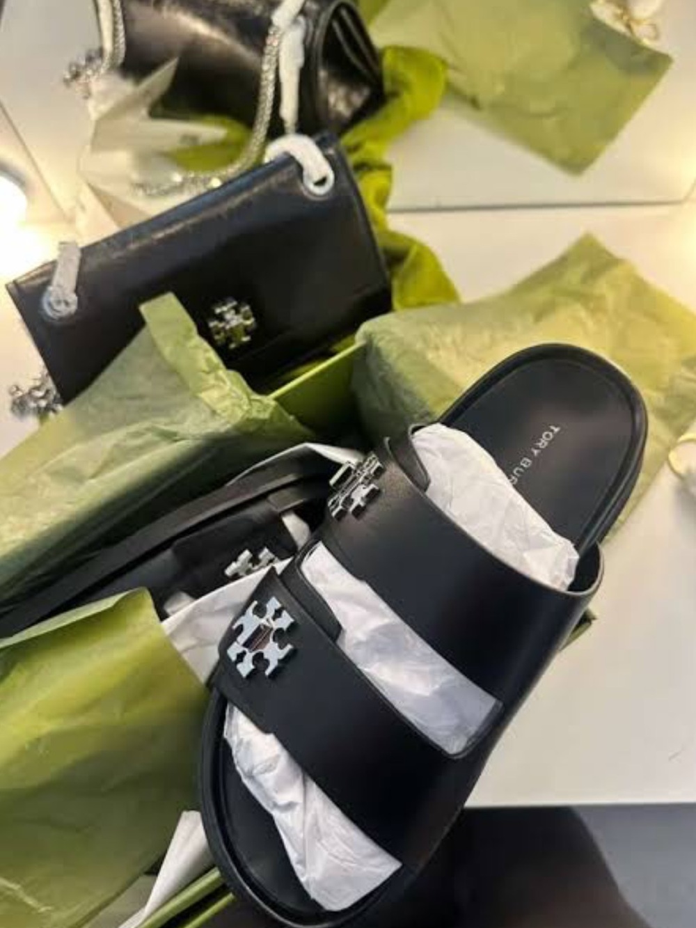 Tory Burch Black Double-Strap Logo Slide Sandals with Silver Hardware